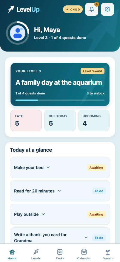Child view: today's tasks and progress toward a family day at the aquarium.