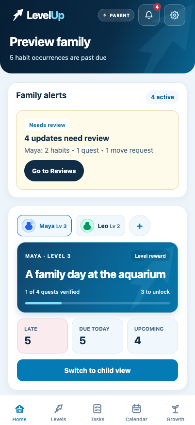 Parent view: review family updates and see each child's progress toward a reward.